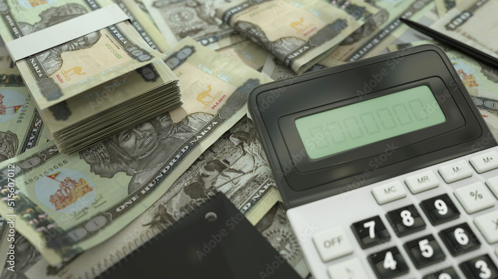 Fototapeta premium 100 Eritrean nakfa notes spread out with a calculator, pen and notebook. 3d rendering