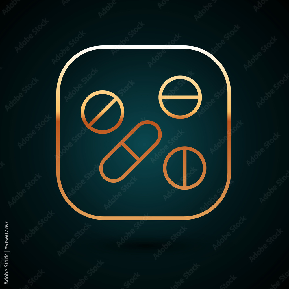 Gold line Medicine pill or tablet icon isolated on dark blue background. Capsule pill and drug sign. Pharmacy design. Vector Gold line Medicine pill or tablet icon isolated on dark blue background. Capsule pill and drug sign. Pharmacy design. Vector