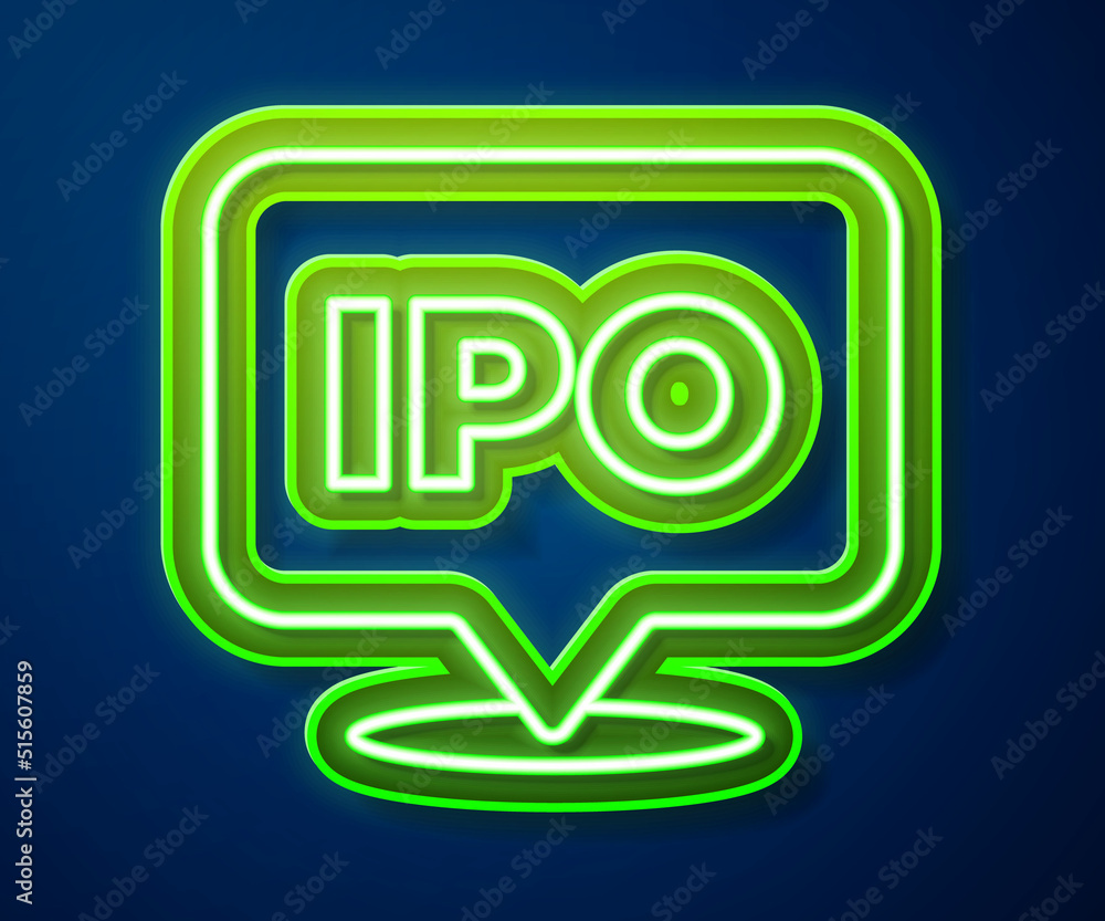 Glowing neon line IPO - initial public offering or stock market launch icon isolated on blue background. Vector Glowing neon line IPO - initial public offering or stock market launch icon isolated on blue background. Vector