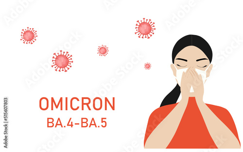 Omicron variant BA.4-BA.5 COVID-19. New strain of coronavirus. Woman with face mask coughing vector illustration