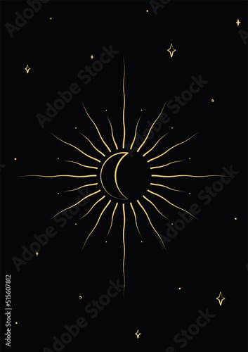 Eclipse. Sacred geometry on black background. Abstract vector illustration with sun and moon