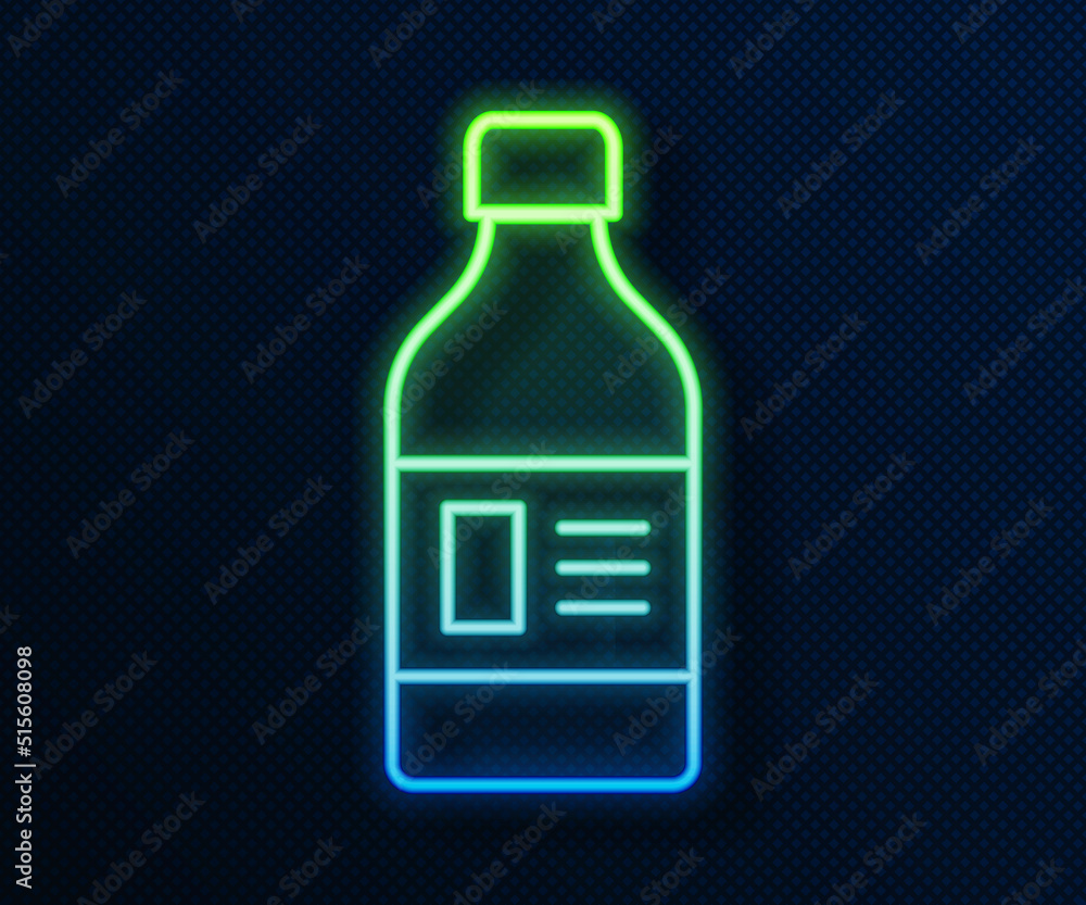 Glowing neon line Plastic bottle for laundry detergent, bleach, dishwashing liquid or another cleaning agent icon isolated on blue background. Vector Glowing neon line Plastic bottle for laundry detergent, bleach, dishwashing liquid or another cleaning agent icon isolated on blue background. Vector