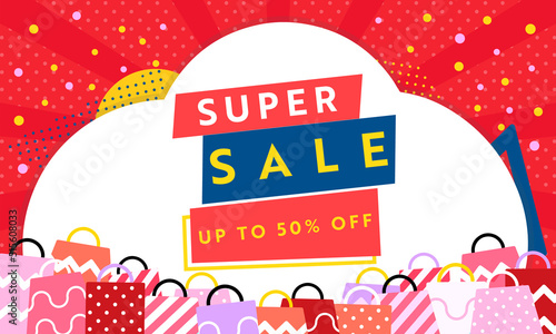 ショッピングバッグに囲まれたシンプルで可愛いスーパーセール広告テンプレート（赤）　Simple and cute super sale advertising template surrounded by shopping bags (red)