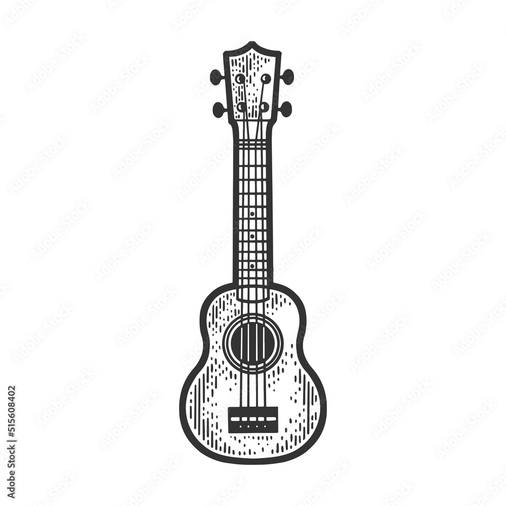 Ukulele Hawaii guitar sketch engraving vector illustration. T-shirt apparel print design. Scratch board imitation. Black and white hand drawn image.