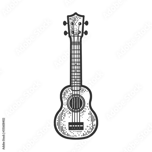 Ukulele Hawaii guitar sketch engraving vector illustration. T-shirt apparel print design. Scratch board imitation. Black and white hand drawn image.