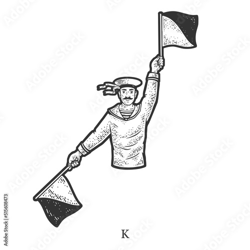 Sailor mariner show flag semaphore alphabet letter K sketch engraving vector illustration. T-shirt apparel print design. Scratch board imitation. Black and white hand drawn image. photo