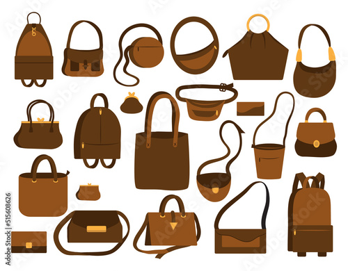Set of bags. Collection of ladies handbags and purses. Cartoon vector illustration, isolated on a white background