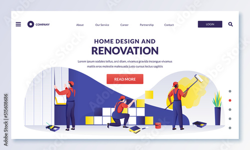 Workers does home design renovation works. Vector flat cartoon illustration. Home restoration decoration service concept