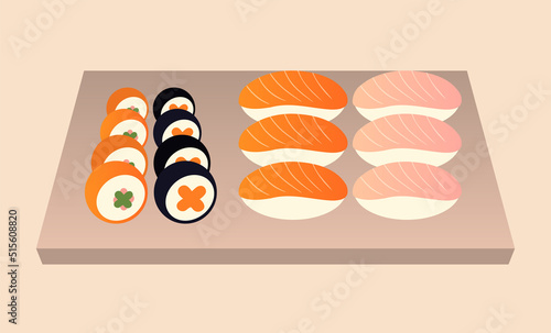 Tasty sushi set with tuna, salmon and rolls on wooden tray. Delicious japan sushi rolls. Asian restaurant, japanese cuisine, salmon sushi rolls, tasty meal. Flat gradient vector illustration  of food