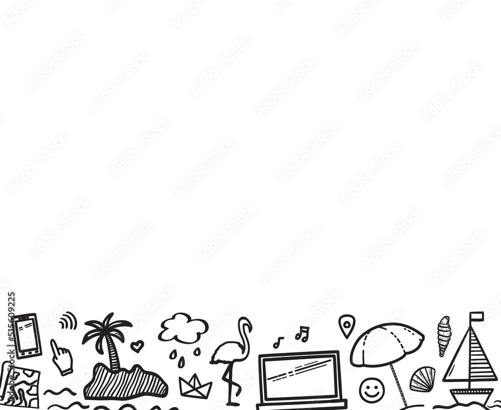 Fototapeta premium Hand drawn holiday elements on isolated background. Sketchy doodles on white. Summer holidays. Signs and symbols. Simple banner. Black and white illustration