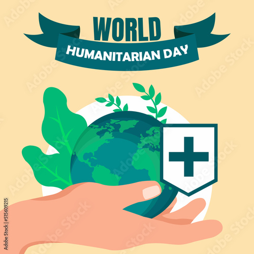 illustration vector graphic of hands holding the earth, showing green plants and the red cross symbol, perfect for world humanitarian day, nature, celebrate, greeting card, etc. photo