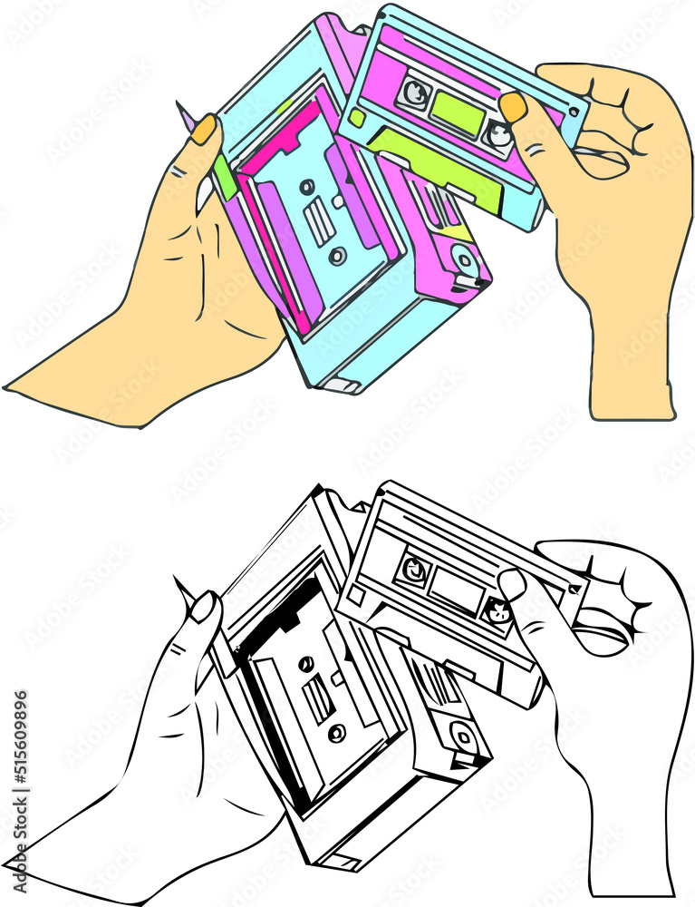 walkman vector, portable tape recorder silhouette, sketch drawing of hand holding walkman music