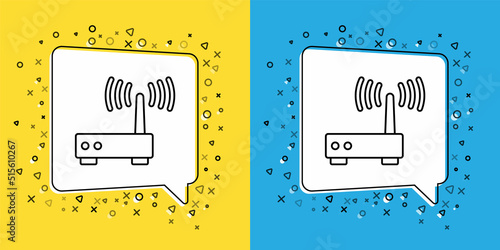 Set line Router and wi-fi signal icon isolated on yellow and blue background. Wireless ethernet modem router. Computer technology internet. Vector