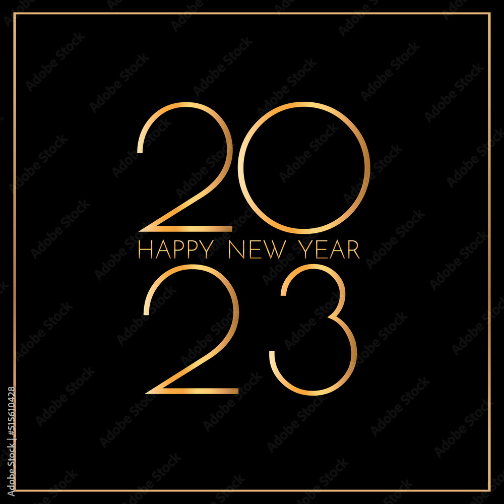 New Year 2023 greeting card. 2023 golden New Year sign on dark background. Vector illustration of happy new year 2023. New Year 2023 greeting card. 2023 golden New Year sign on dark background. Vector illustration of happy new year 2023.