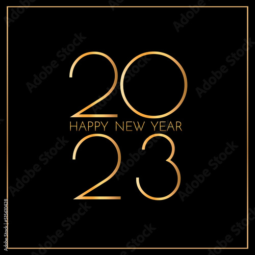 New Year 2023 greeting card. 2023 golden New Year sign on dark background. Vector illustration of happy new year 2023.