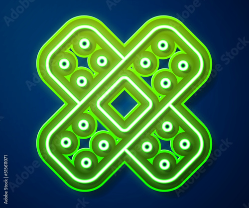 Glowing neon line Crossed bandage plaster icon isolated on blue background. Medical plaster, adhesive bandage, flexible fabric bandage. Vector