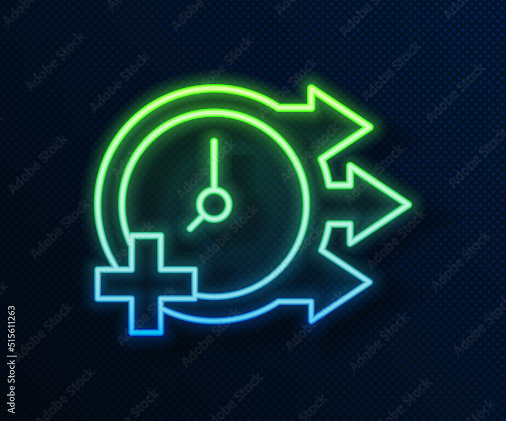 Obraz premium Glowing neon line Clock icon isolated on blue background. Time symbol. Vector