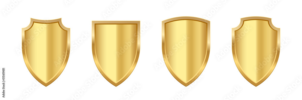 Gold shield set, realistic isolated golden trophy, 3d luxury safety protection emblems Gold shield set, realistic isolated golden trophy, 3d luxury safety protection emblems