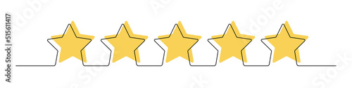 Product quality rating or customer review with five yellow stars with black continuous line vector illustration. Assessment linear symbols for critic feedback service, evaluation survey, mobil app
