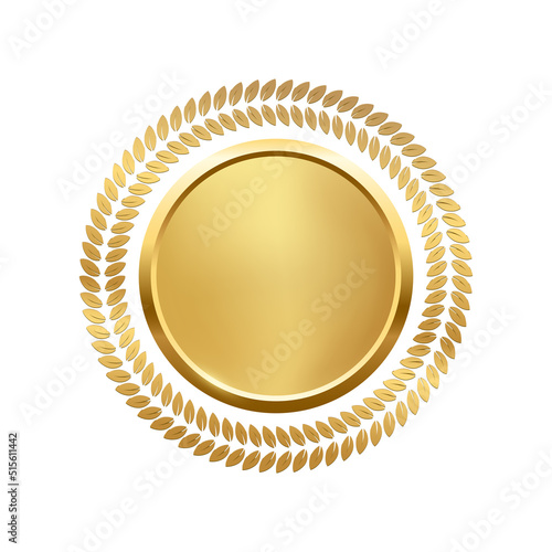 3d gold medallion and circular decoration from laurel leaves vector illustration. Realistic golden round award vip object with glow light effect, victory or anniversary medal isolated on white.