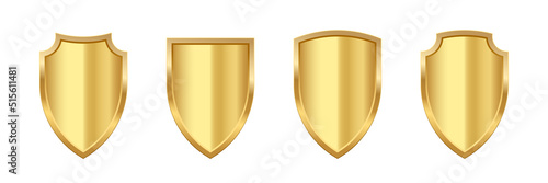 Gold shield set, realistic isolated golden trophy, 3d luxury safety protection emblems