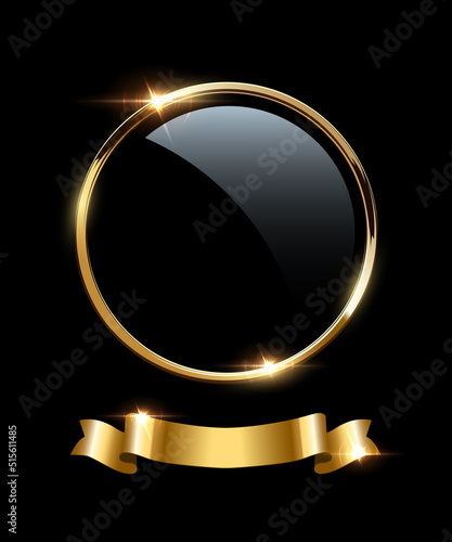 Gold circle frame and ribbon with shine and sparkle light effect, 3d golden circular ring