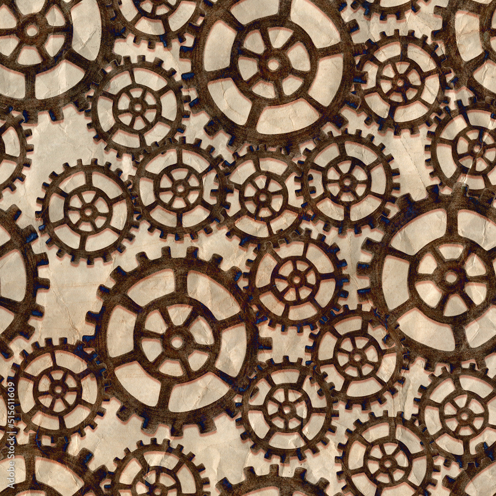 Hand-Drawn Steampunk Gear Transmission Element Digital Paper on Grunge Background. Digital Paper with Metal Gear Illustration Drawn by Colored Pencil and Watercolor. Hand-Drawn Steampunk Gear Transmission Element Digital Paper on Grunge Background. Digital Paper with Metal Gear Illustration Drawn by Colored Pencil and Watercolor.