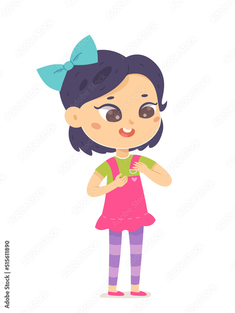 Cute girl putting on dress, isolated adorable kid buttoning up button on children clothes
