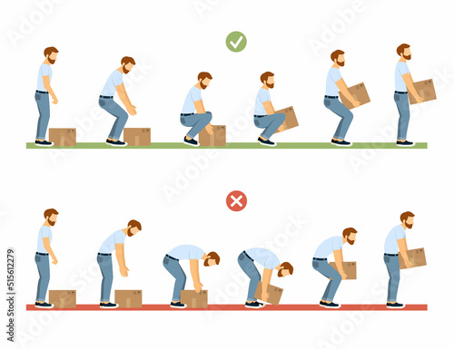 lifting technique. safety moving and load heavy objects body ergonomic positions. Vector cartoon infographic templates photo