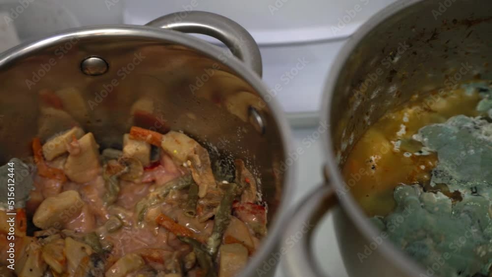 moldy soup. thick layer of mold on food. pot with rotten food. mushroom spores, fungus. wrinkled dirty aging food. microbiology poisoning deterioration. dirty dishes moldy soup. thick layer of mold on food. pot with rotten food. mushroom spores, fungus. wrinkled dirty aging food. microbiology poisoning deterioration. dirty dishes