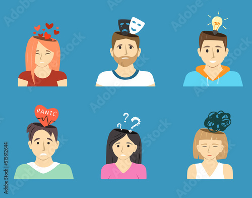 people thinking. mental processes in persons mind various fillings. Vector cartoon illustrations