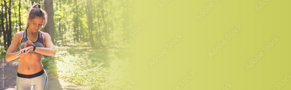 Banner woman using activity tracker or heart rate monitor copy space. Outdoor fitness concept. Banner woman using activity tracker or heart rate monitor copy space. Outdoor fitness concept.