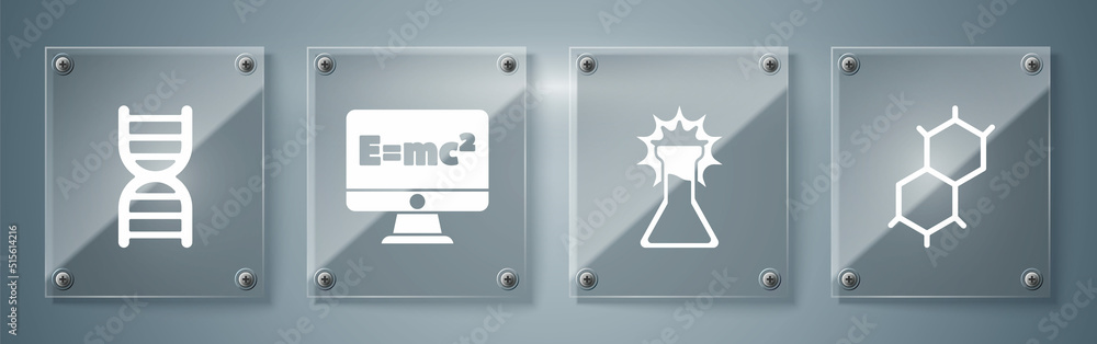 Set Chemical formula, Test tube and flask, Equation solution and DNA symbol. Square glass panels. Vector Set Chemical formula, Test tube and flask, Equation solution and DNA symbol. Square glass panels. Vector