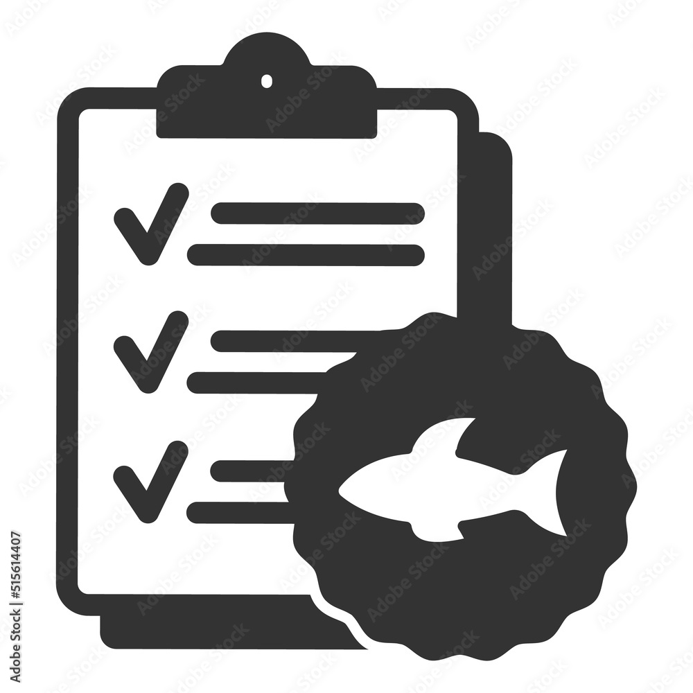 Agreement, sheets of paper with completed points and a quality mark with the image of a fish - vector sign, web icon, illustration on a white background, glyph style Agreement, sheets of paper with completed points and a quality mark with the image of a fish - vector sign, web icon, illustration on a white background, glyph style