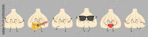 Set khinkali traditional Georgian dumpling character cartoon greeting jumping loves sings running smiling face happy joy emotions icon vector illustration.