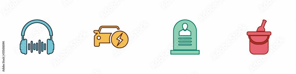Set Headphone and sound waves, Electric car, Tombstone with RIP written and Bottle of wine in bucket icon. Vector