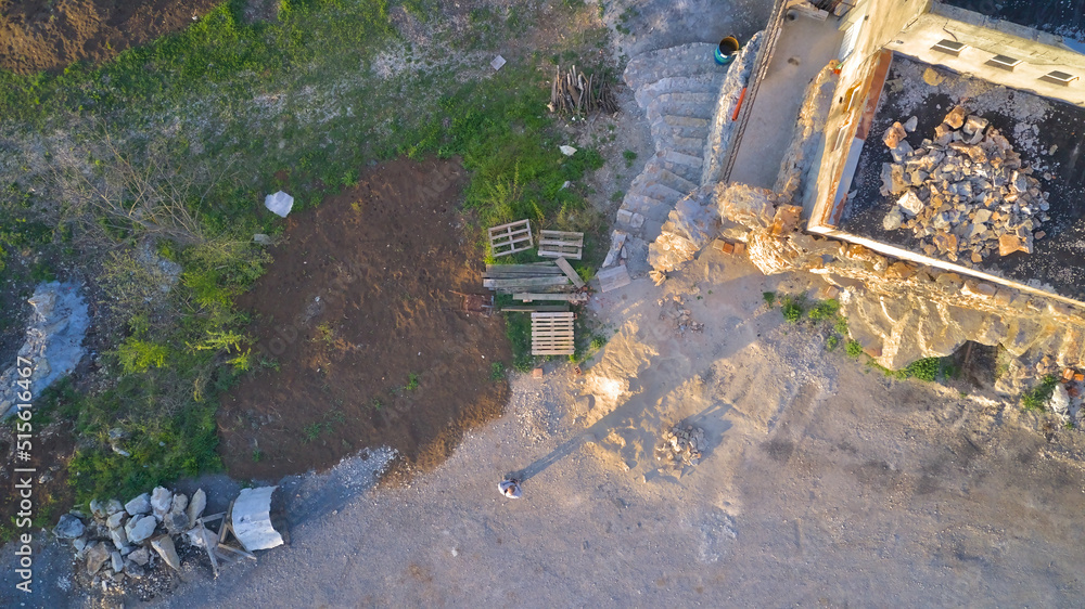 Aerial photography from a drone. View of a mining quarry aerial view at sunset Aerial photography from a drone. View of a mining quarry aerial view at sunset