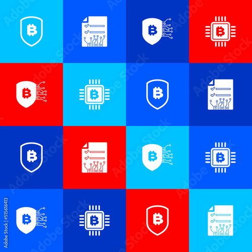 Set Shield with bitcoin, Smart contract, and CPU mining farm icon. Vector