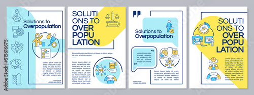 Solutions to overpopulation blue and yellow brochure template. Leaflet design with linear icons. Editable 4 vector layouts for presentation, annual reports. Questrial, Lato-Regular fonts used