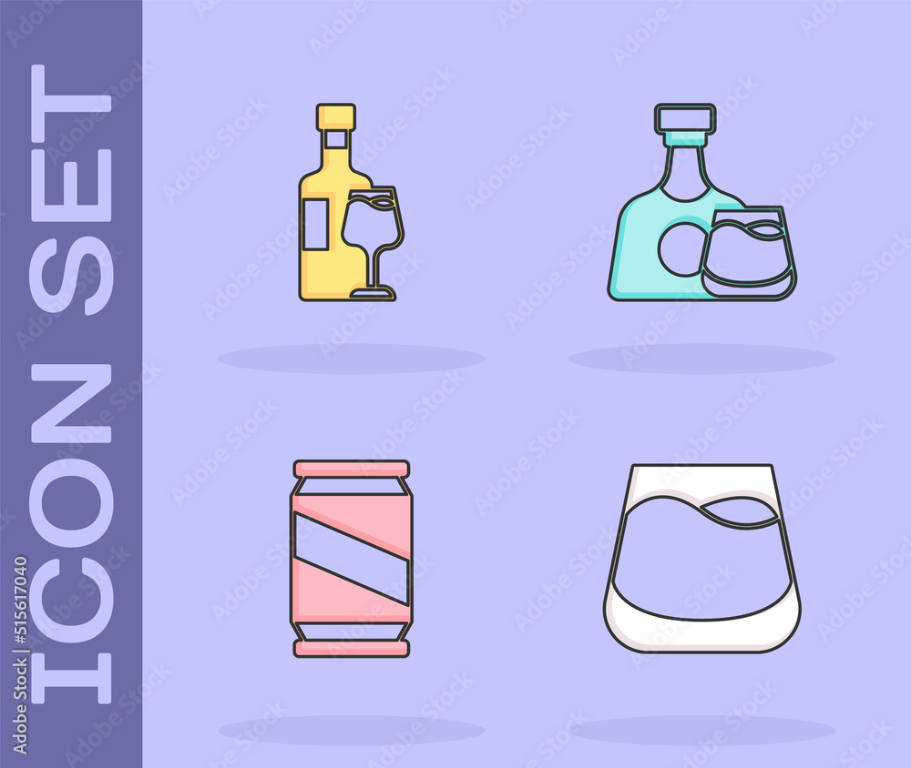 Set Glass of whiskey, Wine bottle with glass, Beer can and Whiskey and icon. Vector Set Glass of whiskey, Wine bottle with glass, Beer can and Whiskey and icon. Vector