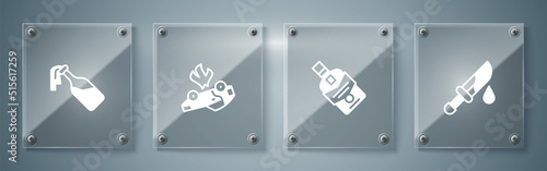 Set Bloody knife, Whiskey bottle, Burning car and Cocktail molotov. Square glass panels. Vector