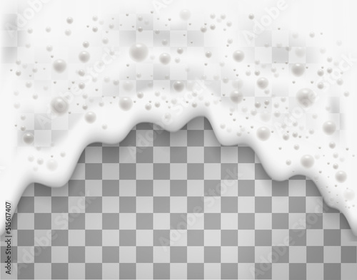 Bath foam or beer foam with bubblies isolated on transparent background. White soap froth texture with bubbles. Vector