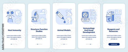 Pandemic preclinical study light blue onboarding mobile app screen. Walkthrough 5 steps editable instructions with linear concepts. UI, UX, GUI template. Myriad Pro-Bold, Regular fonts used
