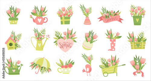 Spring Flowers Bouquet and Tulip Composition with Watering Can, Umbrella and Boot Vector Big Set