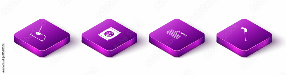 Set Isometric Shovel in the ground, Fertilizer bag, Garden hose or fire hose and saw icon. Vector Set Isometric Shovel in the ground, Fertilizer bag, Garden hose or fire hose and saw icon. Vector