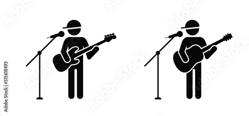 Stickman, stick figure man singer with microphone. Musician, guitar player or guitaris Cartoon bass, acoustic, ryock electric, guitars headstock. Music silhouette Vector guitars icon or logo.