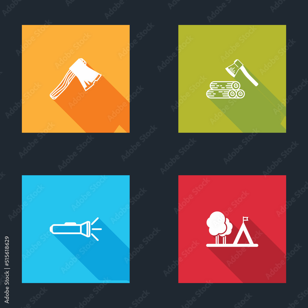 Set Old wooden axe, Wooden and, Flashlight and Tourist tent with flag icon. Vector Set Old wooden axe, Wooden and, Flashlight and Tourist tent with flag icon. Vector