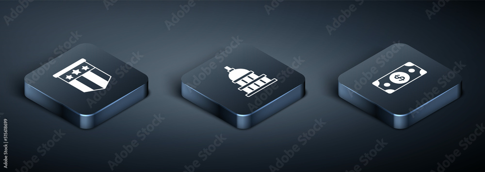 Set Isometric American flag, Stacks paper money cash and White House icon. Vector Set Isometric American flag, Stacks paper money cash and White House icon. Vector