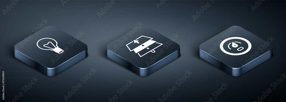 Set Isometric Light bulb, Digital speed meter and Layers icon. Vector Set Isometric Light bulb, Digital speed meter and Layers icon. Vector