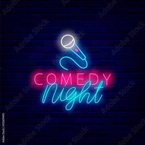 Comedy night neon signboard. Microphone icon. Humorous performance. Light sign. Vector illustration